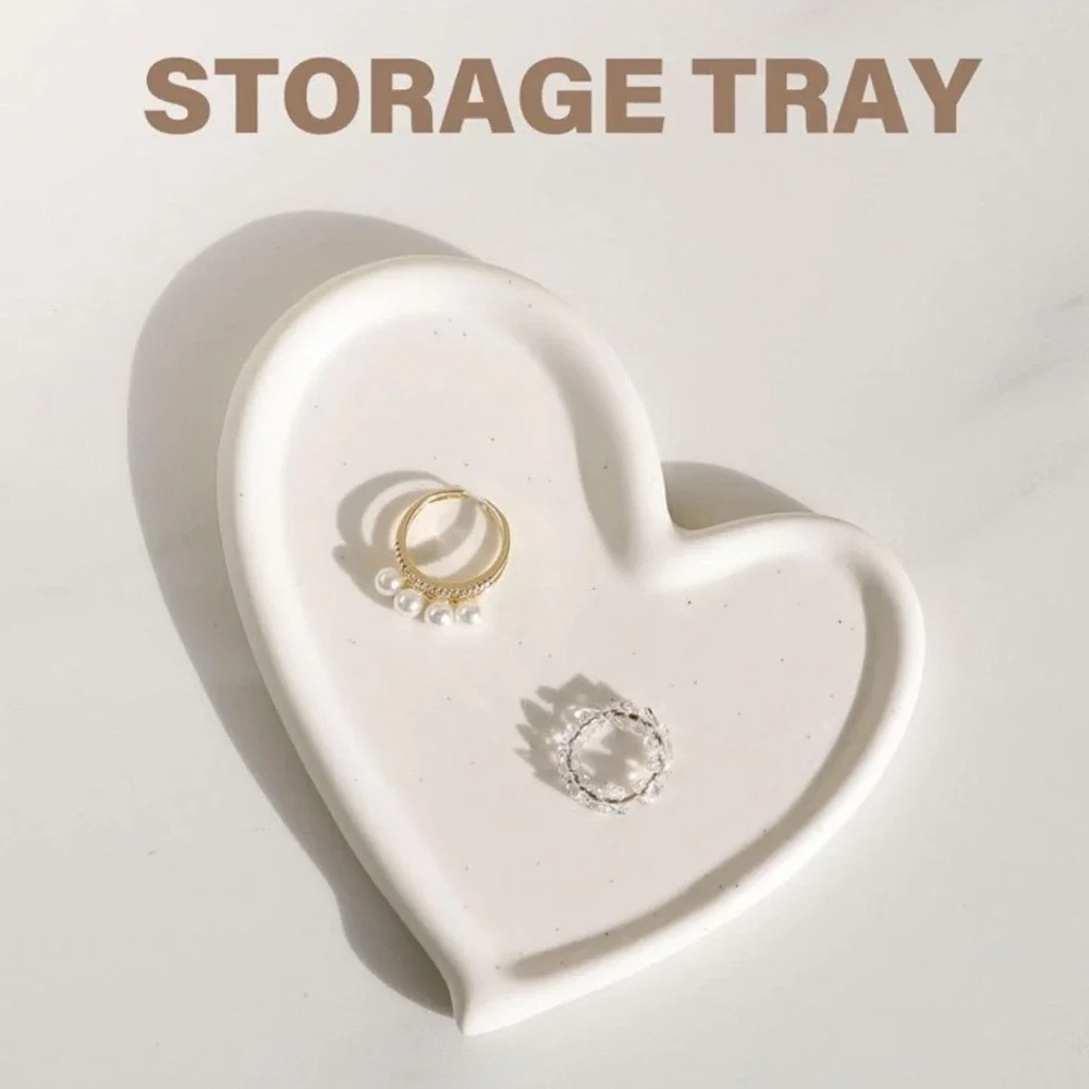 White Speckled Ceramic Heart Storage Tray Jewelry Trinket Dish Organizer